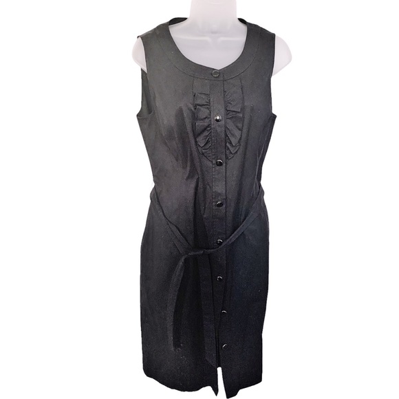 Talbots Black Ruffle Bib Button Front Sleeveless Dress With Belt  Size 12 - Picture 2 of 13